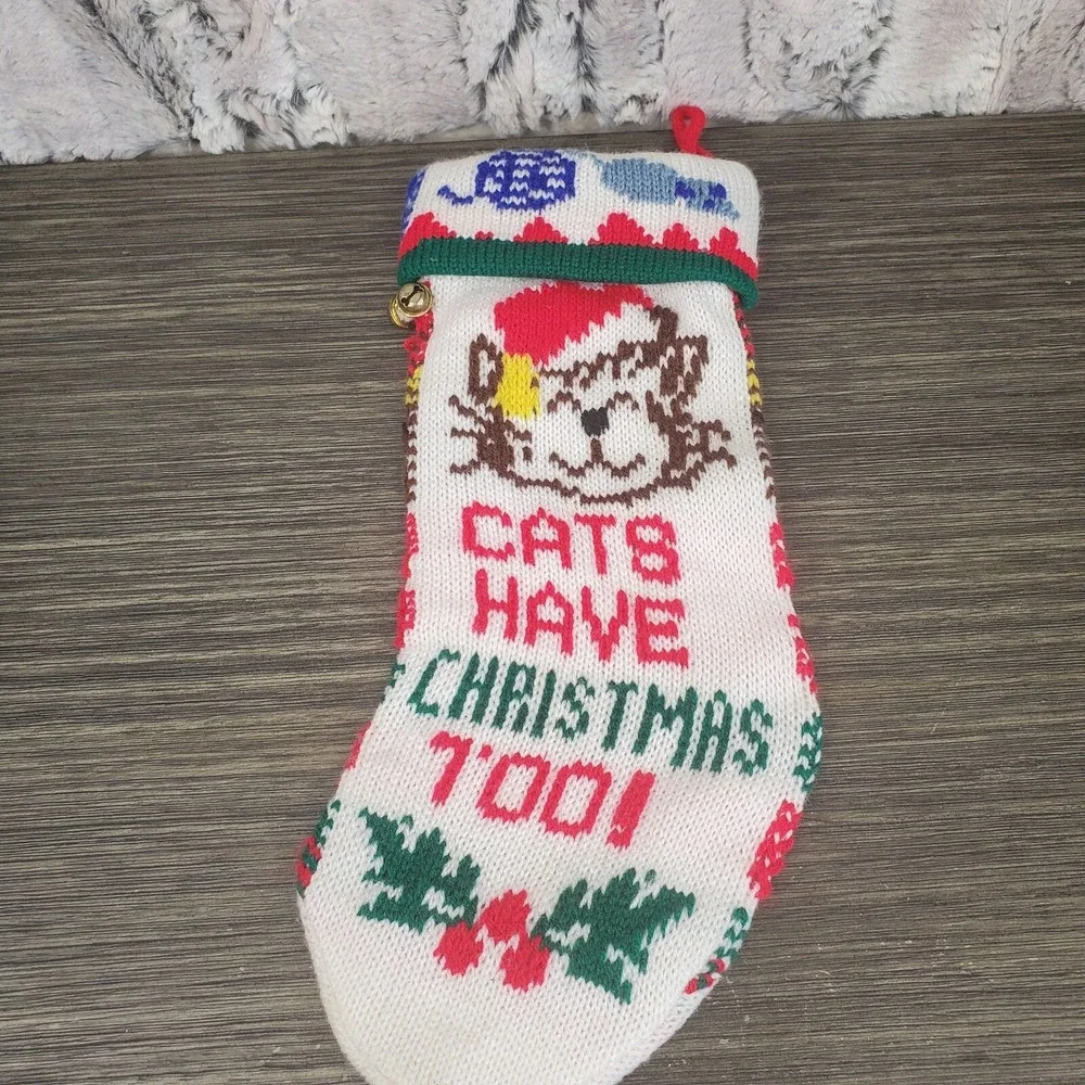 Vintage Knit Christmas Stocking Cats Have Christmas Too Small Pet Holiday Sock